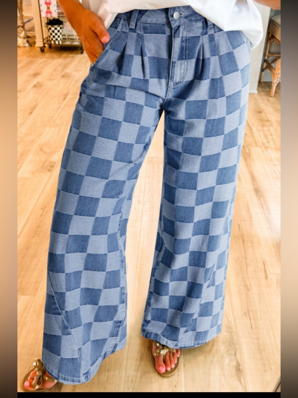 1198. Checkered Wide Leg Denim Jeans - Picture 4 of 4
